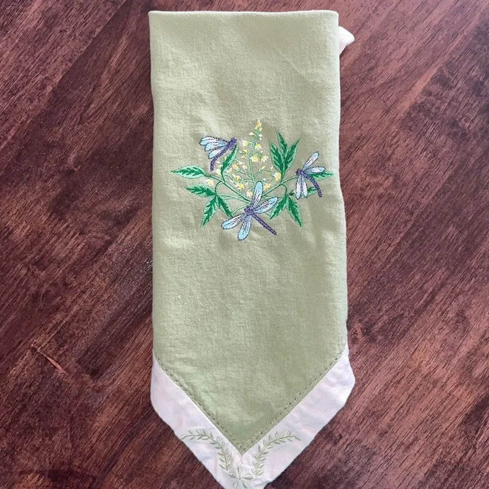 Upcycled Set of 3 Sage Cotton Floral Embroidered Napkins with Cream Trim